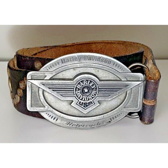 Harley Davidson Motorcycles Studded Tooled Y2K Belt Size 38 Dark Brown VTG